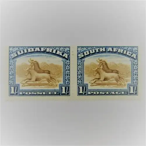 South Africa 1927 London pictorial 1 shilling pair unhinged mint - dot in A of SUIDAFRIKA