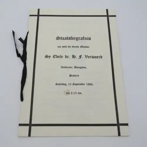 1966 State Funeral programme of late Prime Minister Dr H.F Verwoerd