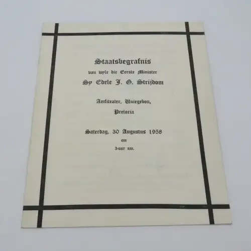 1958 State Funeral Programme booklet of the late Prime Minister J.G Strijdom