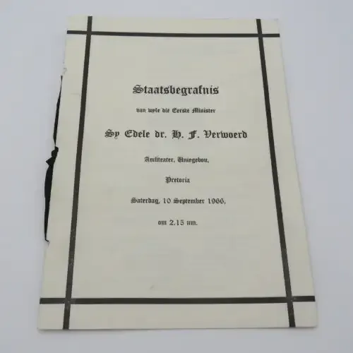 1966 State Funeral programme of late Prime Minister Dr H.F Verwoerd