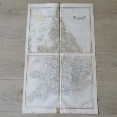 Original 1830`s map of England with all the Railways published WM. Lizars, Edinburgh - 2 piece map