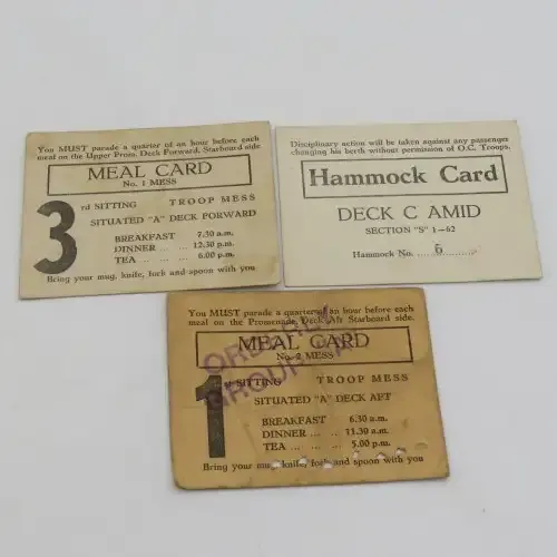 Items belonging to SGT Kisbey-Green - WW2 meal cards on ship transport to/from North Africa