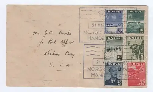 WW2 cover posted 21 March 1944 from a Norwegian ship to Walvis Bay SWA