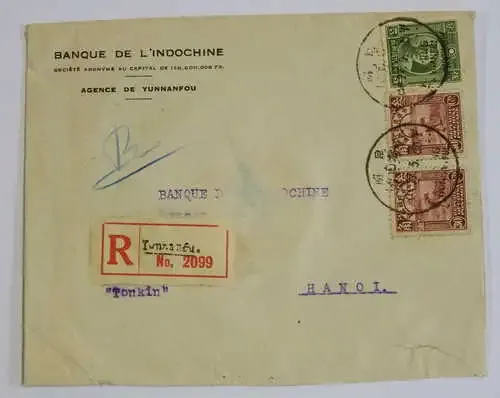 Registered cover from Yunnanfu Indo China to Hanoi - With 3 China stamps - 30 May 1935