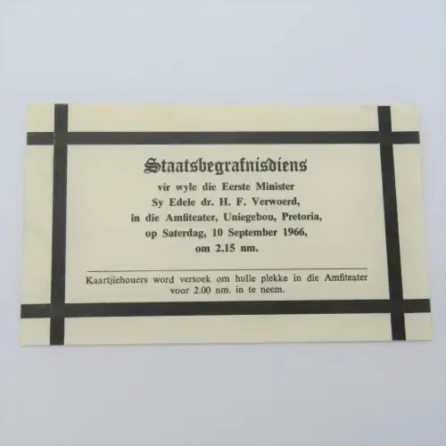 1966 Dr H.F Verwoerd State funeral admission ticket