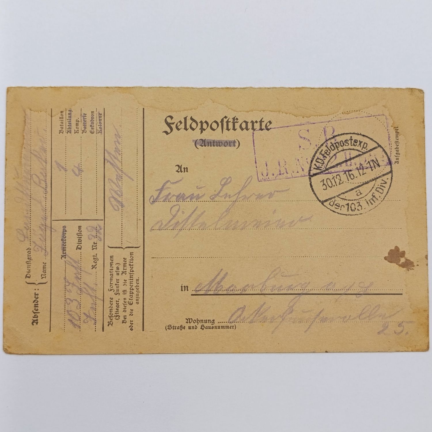 WW1 Feldpostkarte 103 Inf Division 1st Batallion 4th Company 30 December 1916