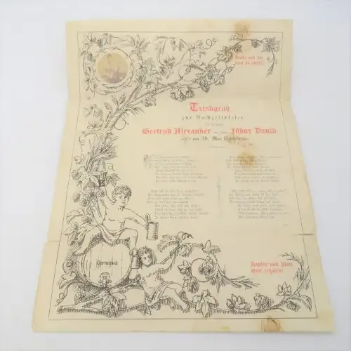Wedding celebration poster 20/05/1888 Gertrud Alexander to Flidor David Tafel-lied on reverse