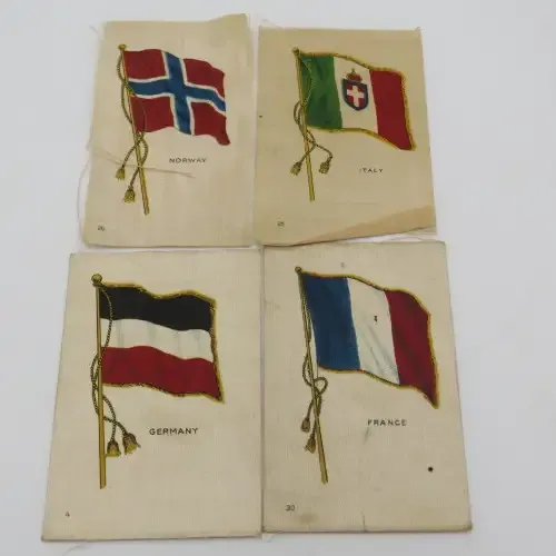 Lot of 8 flags of all nations cigarette cards in silk - 4 with backing - 4 without