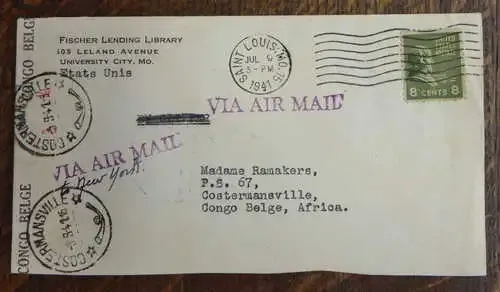 WW2 Cover from Saint Louis, USA to Costermansville - Belge Congo 9 July 1941