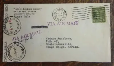 WW2 Cover from Saint Louis, USA to Costermansville - Belge Congo 9 July 1941