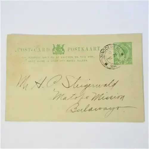 Postcard from Izingolweni South Africa to Bulawayo Rhodesia 21 October 1917