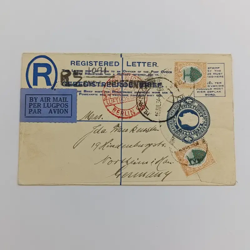 Registered Air Mail cover from Zendelingsfontein South Africa via Klerksdorp and Berlin