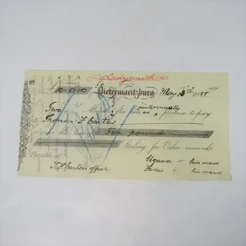 Cheque issued by Advocate Thomas Canter in Ladysmith 1888 - with the marks of 2 locals