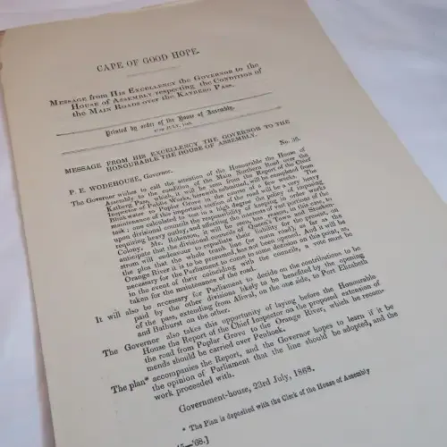 1868 Cape of Good Hope message from the Governor P.E. Wodehouse to the House of Assembly