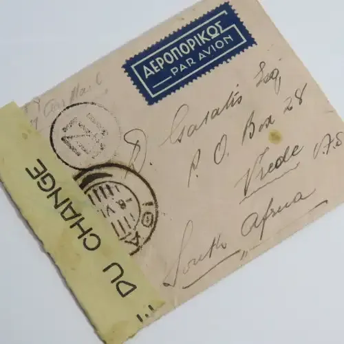 Postal cover - Airmail Greece to South Africa 6-6-1937