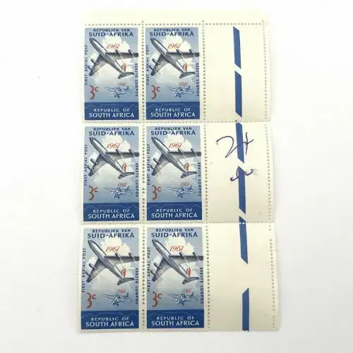 SACC 219 Anniversary of first SA flight - block of 6 stamps, all with large shift of orange printing