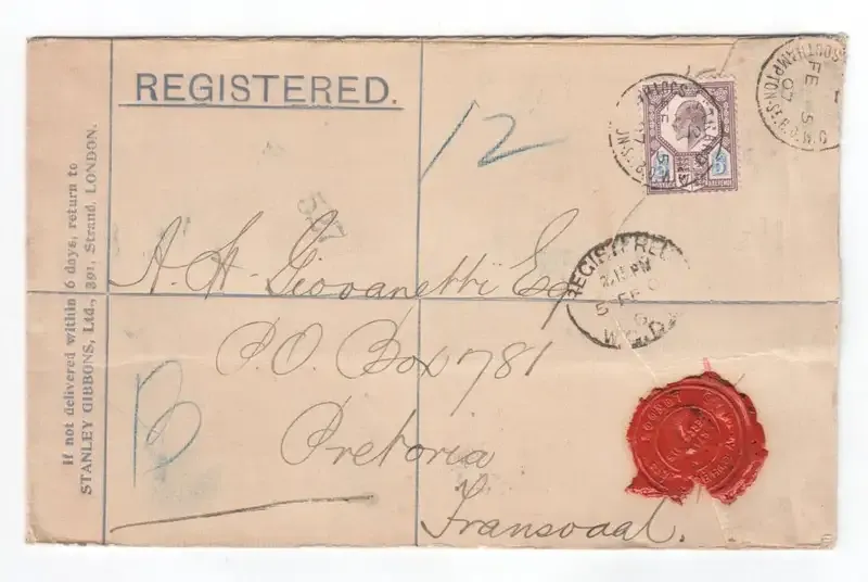 Registered mail - Send from Southampton, UK to Pretoria, South Africa with British 5d stamp