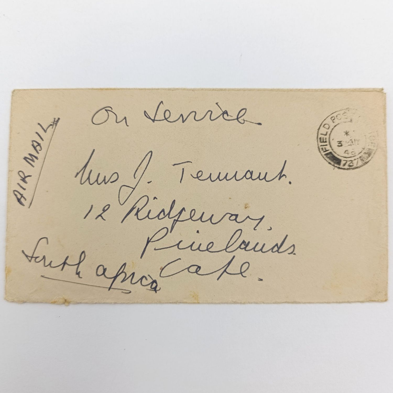 1946 Post WW2 on service cover with Field Post office 737 cancel Airmail Berlin to Pinelands, South Africa