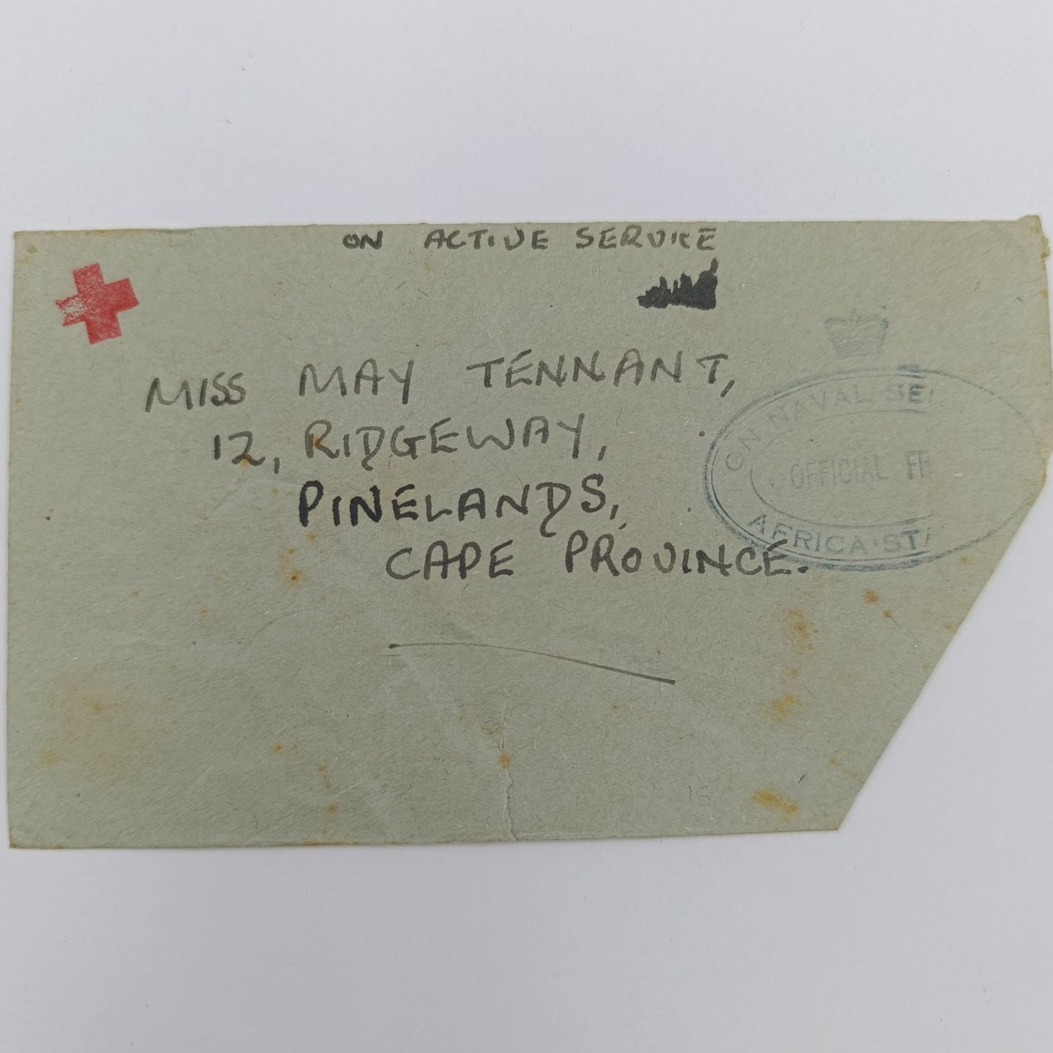 WW2 on Active Service cover Red Cross rubber stamp - ON NAVAL SERVICE rubber cancel HMS ASSEGAI to Pinelands, Cape Town