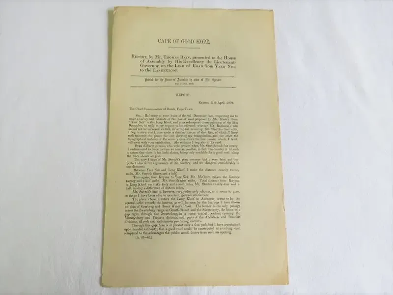 1860 Cape of Good Hope report by Mr. Thomas Bain on the line of road from Yzer Nek to the Langekloof