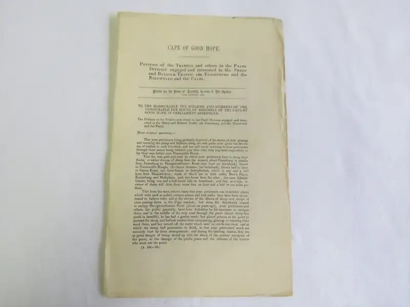 Original 1865 petition to Cape of Good Hope House of assembly by traders in the Paarl division