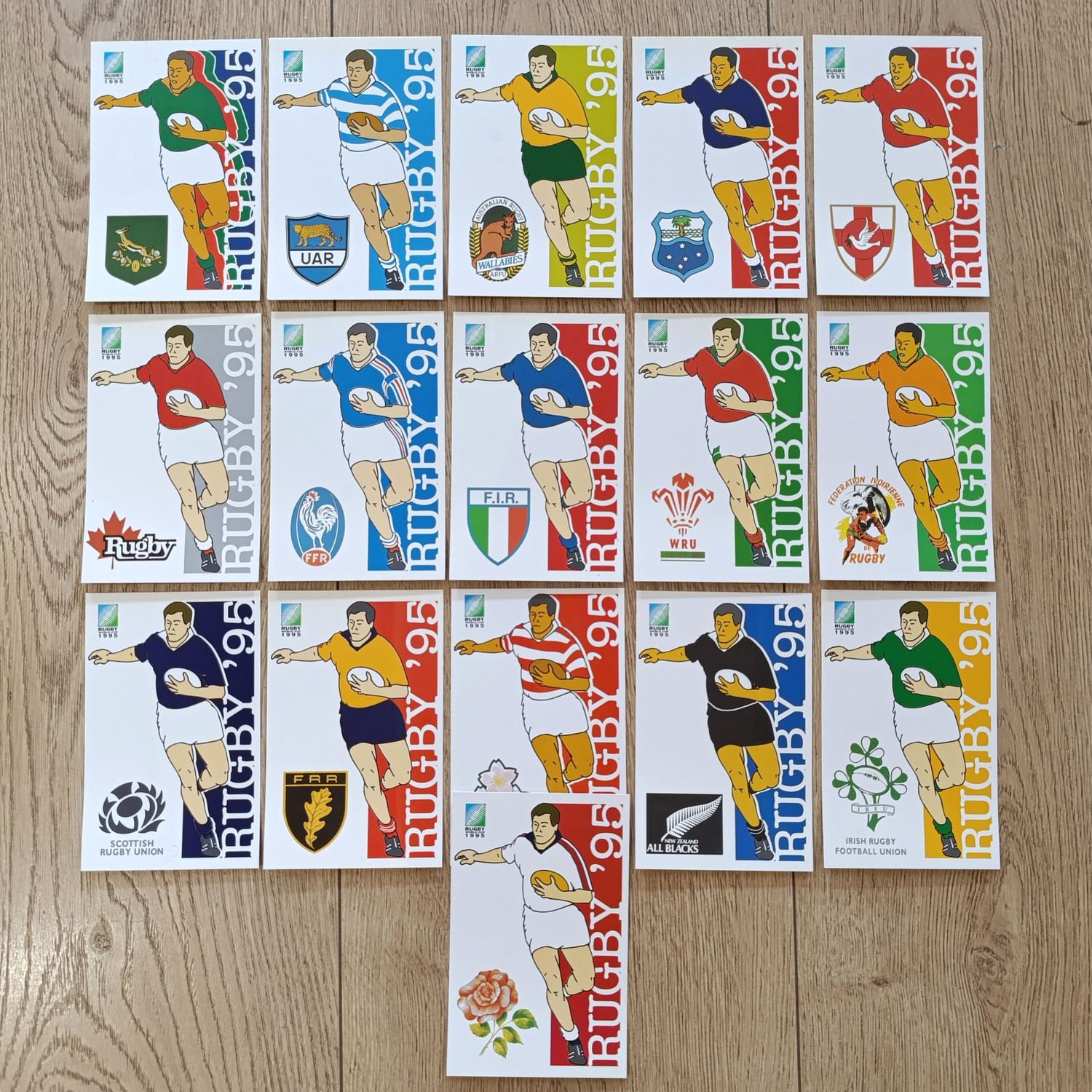 1995 Rugby world cup set of 16 postcards with teams competing