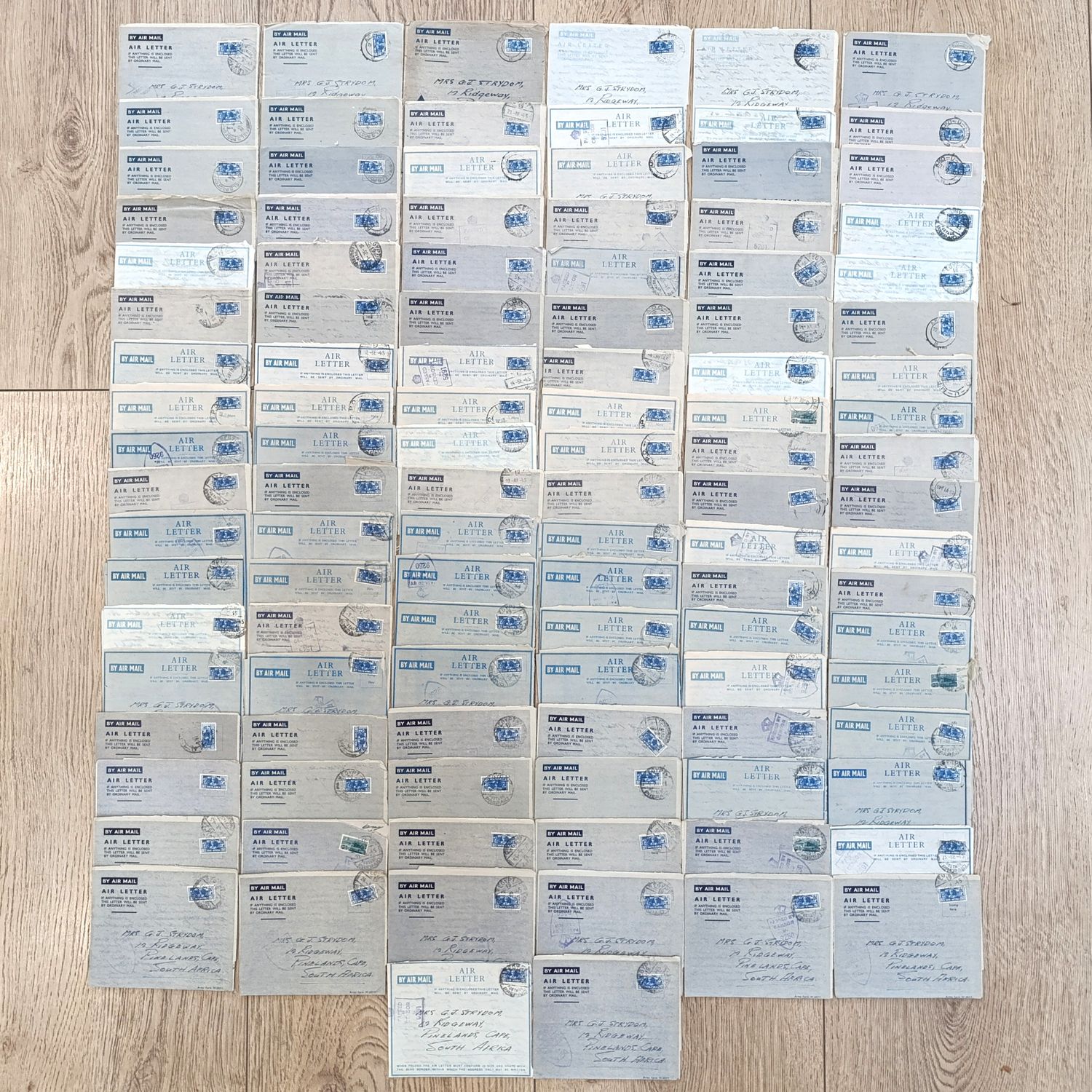 Lot of 110 WW2 period letter cards sent to Mrs GJ Strydom of Pinelands by her husband George (a Sapper) stationed in Egypt R and T depot - 1945 period
