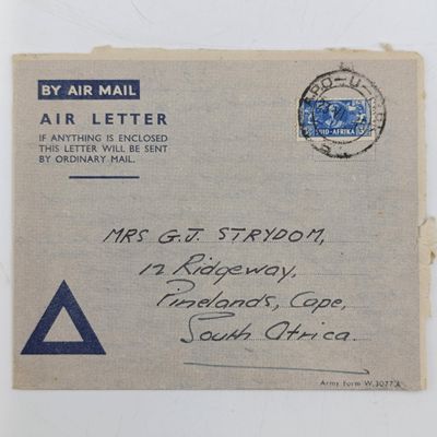 Lot of 110 WW2 period letter cards sent to Mrs GJ Strydom of Pinelands by her husband George (a Sapper) stationed in Egypt R and T depot - 1945 period