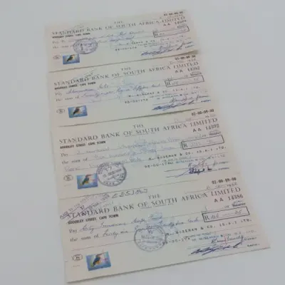 Lot of 20 Standard Bank 1968 cheques - All uprated with 1/2 cent stamp