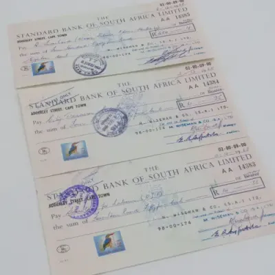 Lot of 20 Standard Bank 1968 cheques - All uprated with 1/2 cent stamp