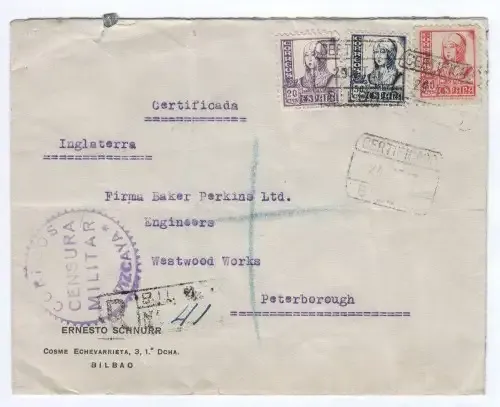 Envelope Spain to Peterborough registered VIZCAYA military censor mark - Spanish civil war