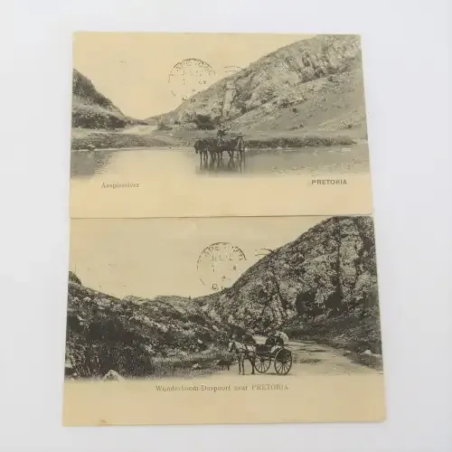 2 Similar Pretoria antique postcards Horsecarts at Daspoort and Aaspiesrivier (Wrong spelling)