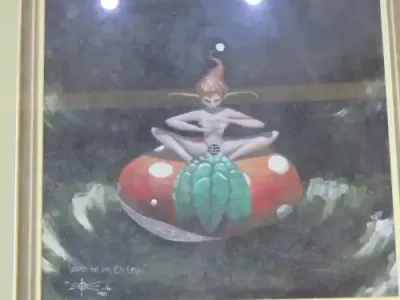 Painting of elf on mushroom by Eltian - With frame: 63.5cm x 66cm, Without frame: 33.5cm x 37cm