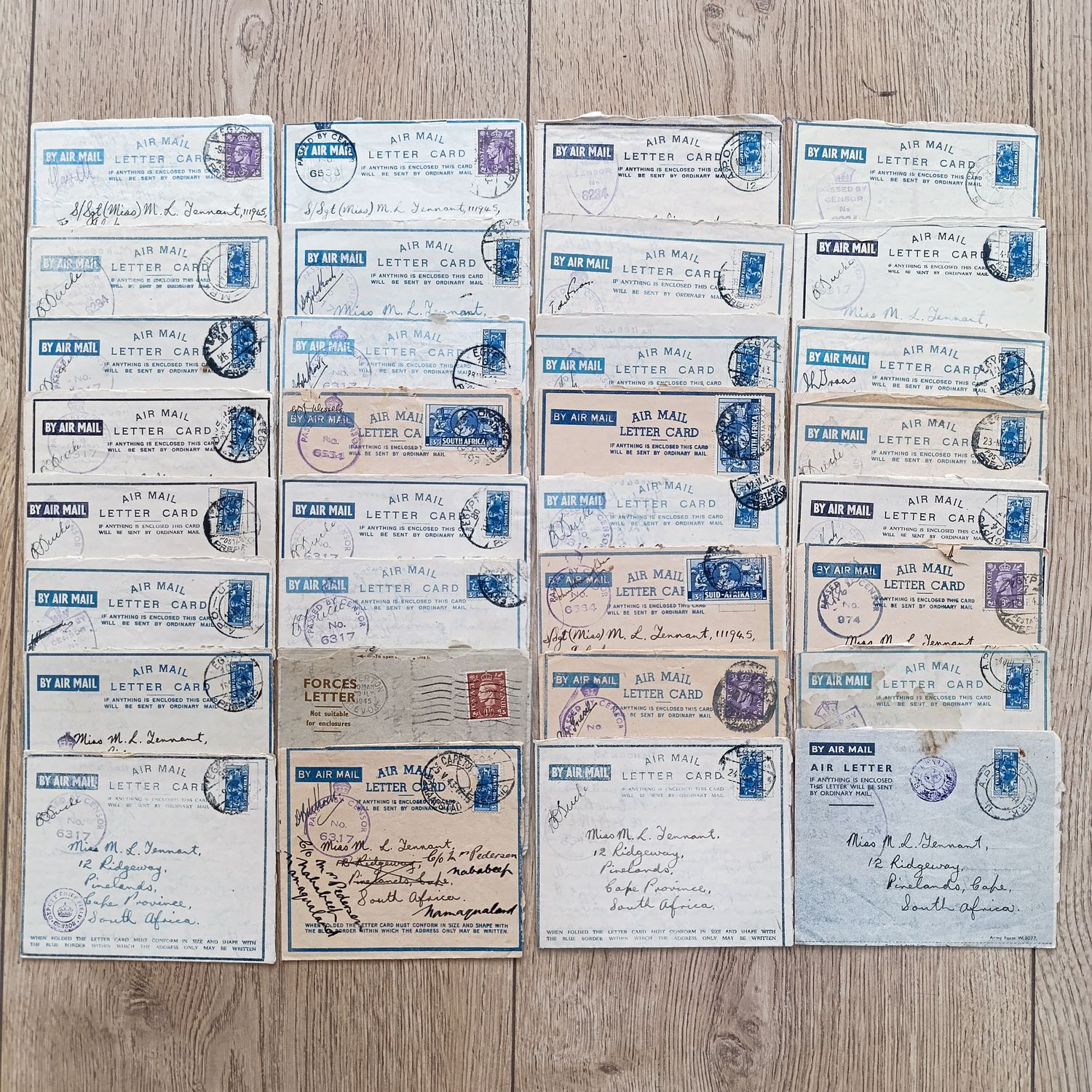 Lot of 31 WW2 period letter cards sent to miss (Staff Sgt) ML Tennant stationed in Simonstown by Trooper Robin Bell first from Training camp in Durban and later from Egypt.