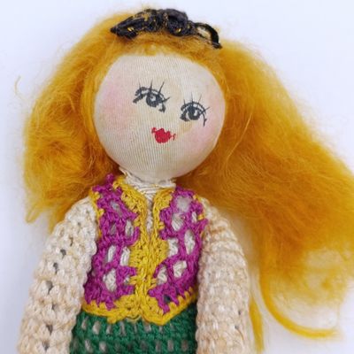 Vintage Japan Crochet Knitted doll, handmade miniature Dollhouse doll