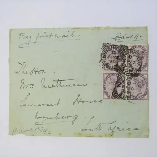 British 4 x 1 Penny Victorian on cover addressed to Lady Metheum South Africa hand written