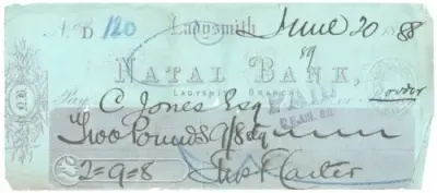 Used Natal Bank cheque drawn by Justice Carter to Advocate Jones in Ladysmith 1888