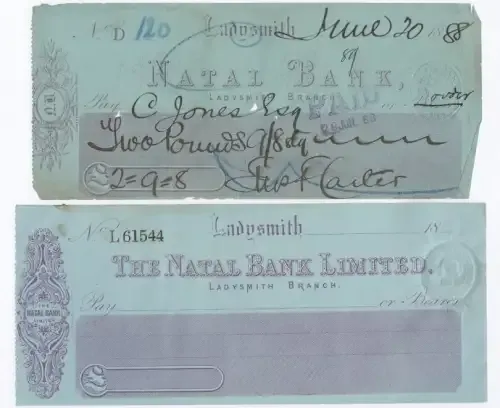 Used Natal Bank cheque drawn by Justice Carter to Advocate Jones in Ladysmith 1888