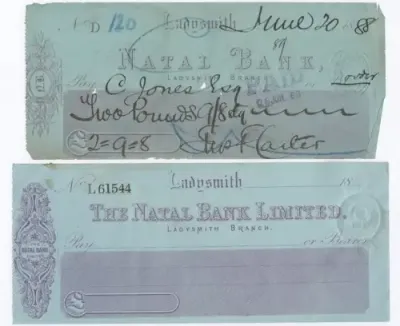 Used Natal Bank cheque drawn by Justice Carter to Advocate Jones in Ladysmith 1888