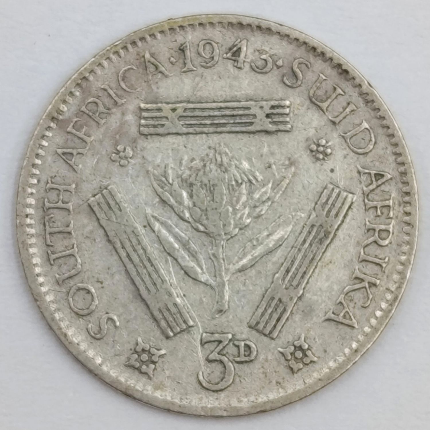 1943 South African Union 3 pence tickey - double struck &quot;4&quot; in date