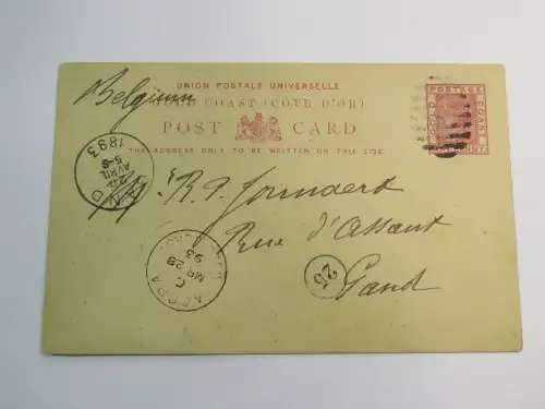 1893 Postcard Gold Coast to Belgium with 25 rubber stamp