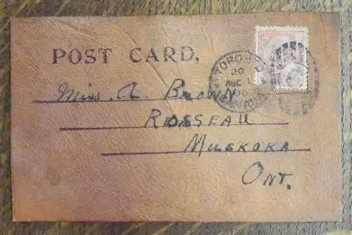 Unusual postcard on leather - Toronto Canada to Muskoka, Ontario