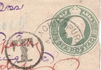 India 1910 postal cover with tax mark on front and back - Due one Anna with 4 on back