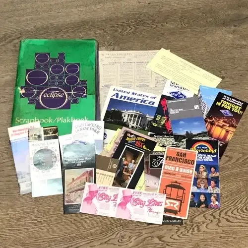 Scrapbook and loose pamphlets of vintage tour to the USA