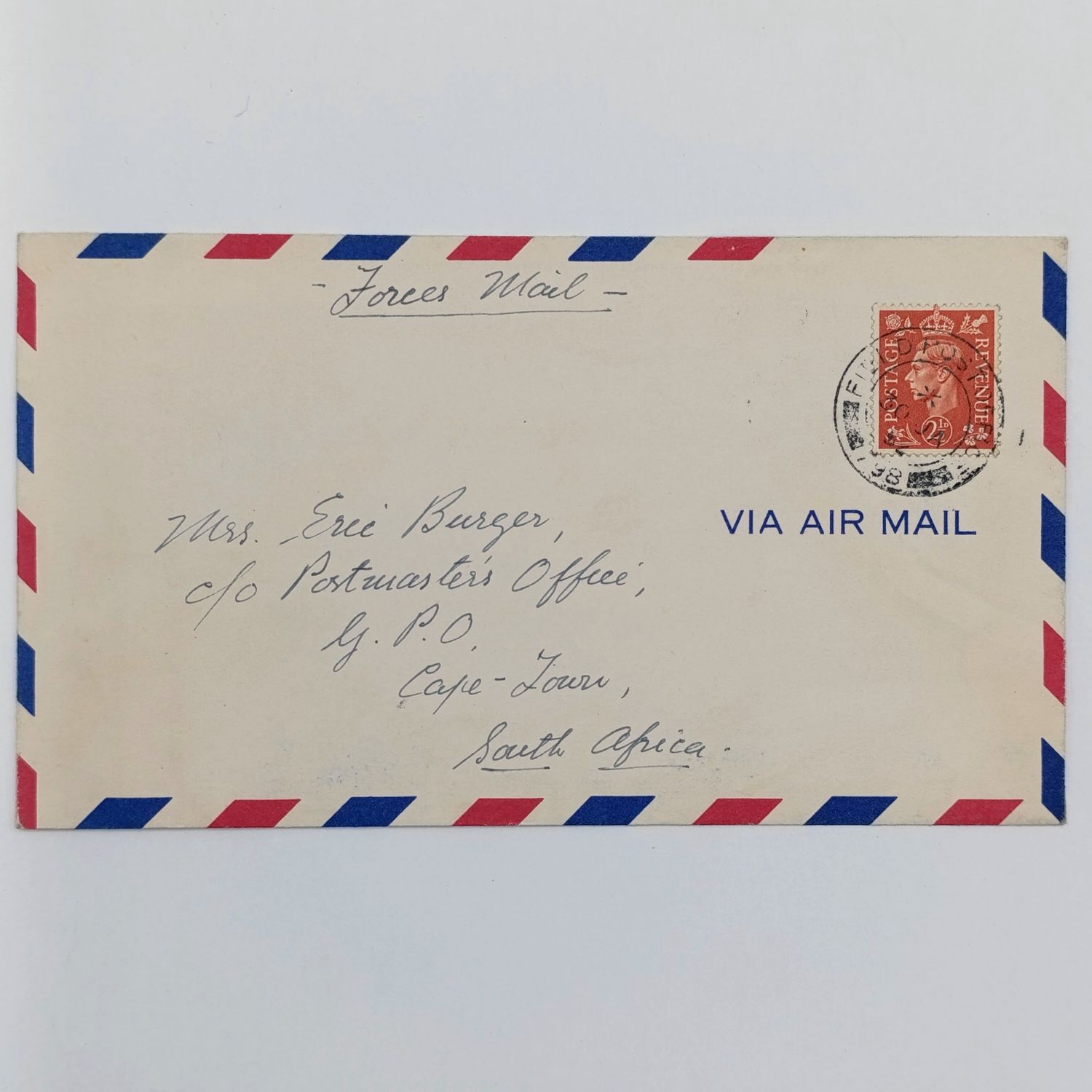 Air Mail cover Field Post office 798 - Forces mail of SAAF in Korea to Cape Town South Africa 30 January 1952 with British 2 1/2 d stamp sent by Flight Sergeant CER Burger of no.2 Squadron SAAF