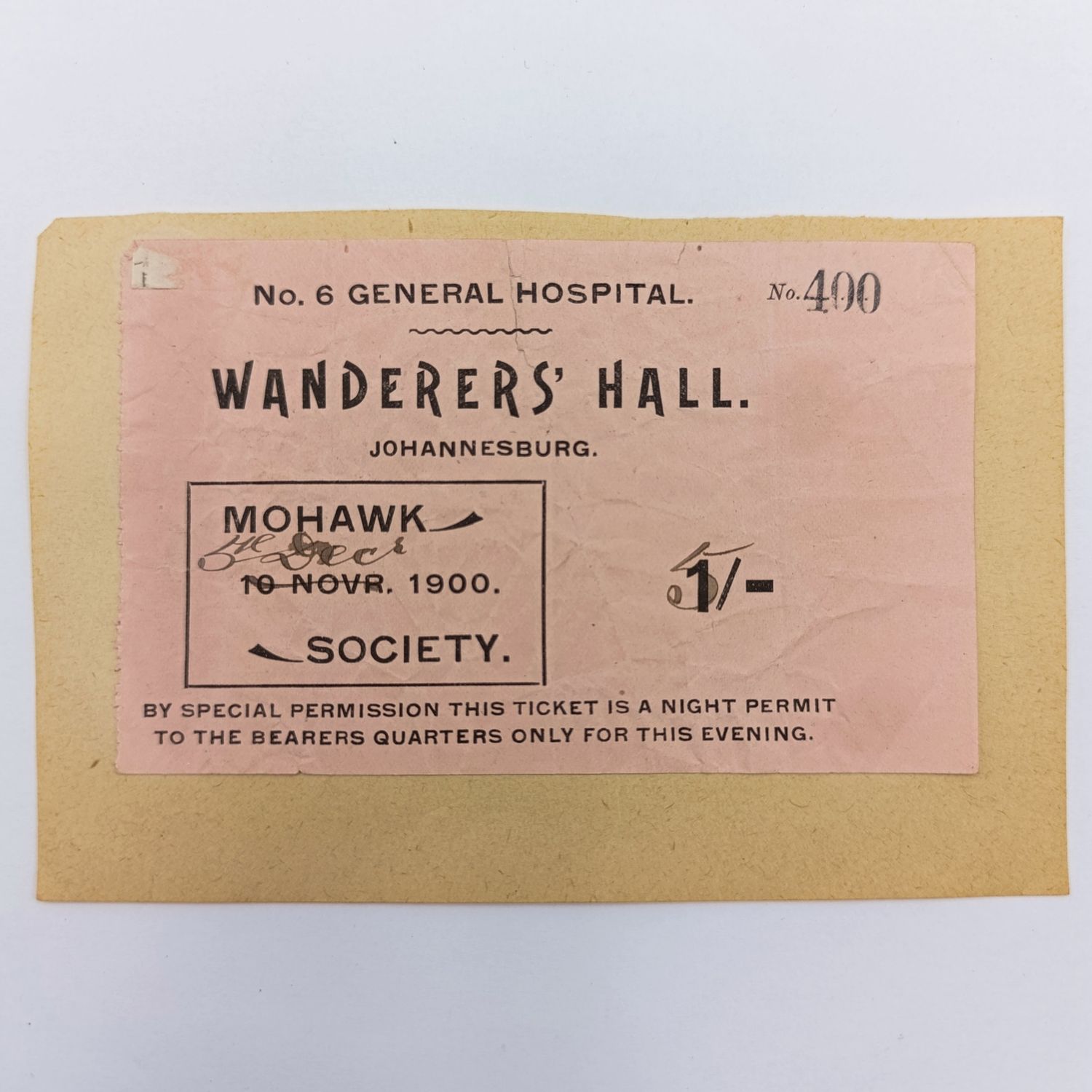 Boer War period 1900 permit for the General Hospital Johannesburg 1 shilling overprinted 5 shillings