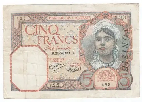 Tunisie overprint on Algeria 5 Francs - Scarce date 24-5-1941 with number printing vice verca