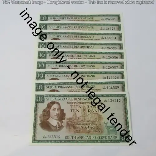 South Africa TW de Jongh 3rd issue R10 banknotes - Lot of 9 notes with consecutive numbers 1975