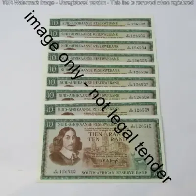South Africa TW de Jongh 3rd issue R10 banknotes - Lot of 9 notes with consecutive numbers 1975
