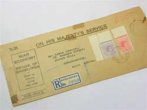 Postal History registered letter from Nassau, Bahamas to Johannesburg, SA on official stationery